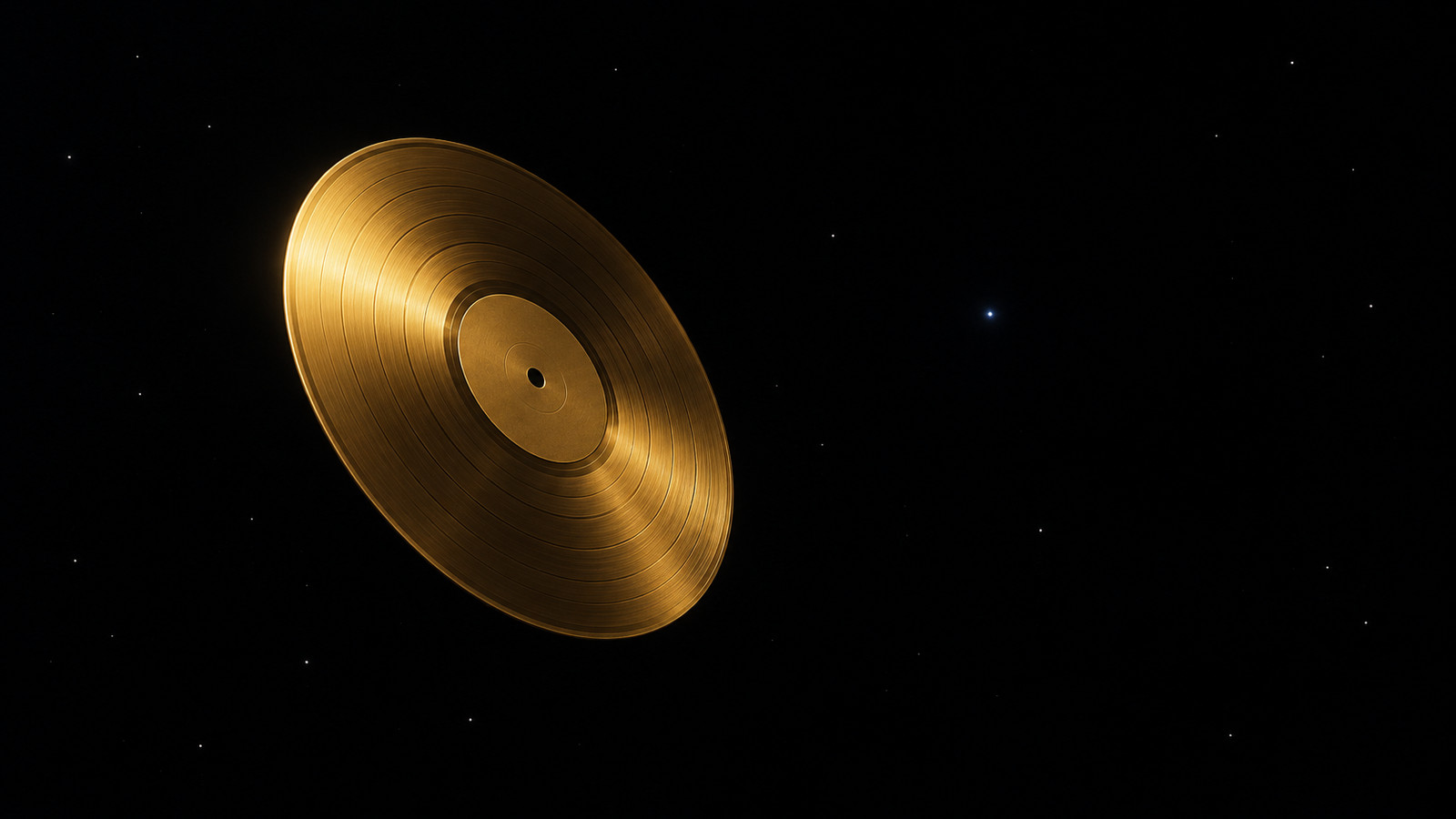 Illustration: a gold phonograph record drifting in deep space, with a small pale blue point of light far behind it.